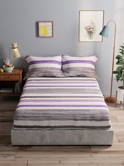 BIANCA - 100% Pure Cotton Double Bedsheet With 2 Pillow Covers -3pc-set Stripe-Grey-Purple