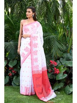 Beatitude - White Handloom Cotton Saree with Unstitched Blouse