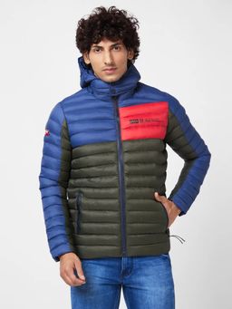 Spykar - MEN'S COLOR BLOCKED PUFFER JACKET WITH EMBROIDERED SLEEVE BADGE