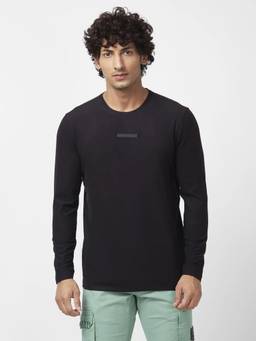 Spykar - Men Black Blended Slim Fit Full Sleeve Round Neck Plain T-shirt