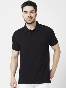 Spykar - Men Black Cotton Slim Fit Half Sleeve Collar Neck Plain Polo T-shirt