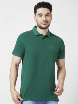 Spykar - Men Dark Green Cotton Slim Fit Half Sleeve Collar Neck Plain Polo T-shirt