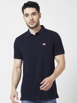 Spykar - Men Navy Blue Cotton Slim Fit Half Sleeve Collar Neck Plain Polo T-shirt