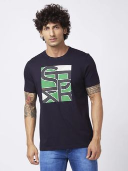 Spykar - Men Navy Blue Slim Fit Half Sleeve Round Neck Printed T-shirt