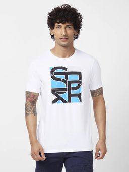 Spykar - Men White Slim Fit Half Sleeve Round Neck Printed T-shirt