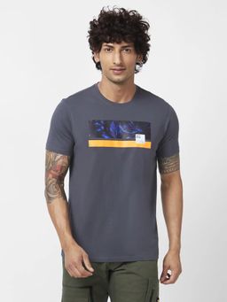 Spykar - Men Slate Grey Blended Slim Fit Half Sleeve Round Neck Printed T-shirt