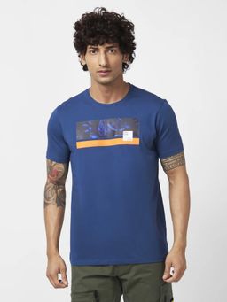 Spykar - Men Teal Blue Blended Slim Fit Half Sleeve Round Neck Printed T-shirt