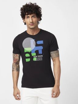 Spykar - Men Black Blended Slim Fit Half Sleeve Round Neck Printed T-shirt