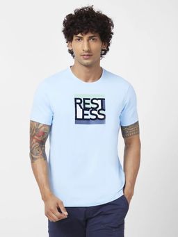 Spykar - Men Powder Blue Blended Slim Fit Half Sleeve Round Neck Printed T-shirt