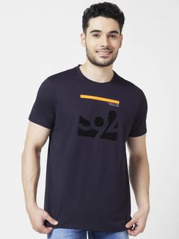 Spykar - Men Navy Blue Blended Slim Fit Half Sleeve Round Neck Printed T-shirt