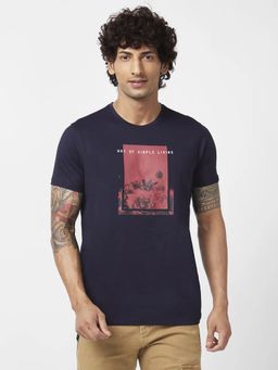 Spykar - Men Navy Blue Blended Slim Fit Half Sleeve Round Neck Printed T-shirt