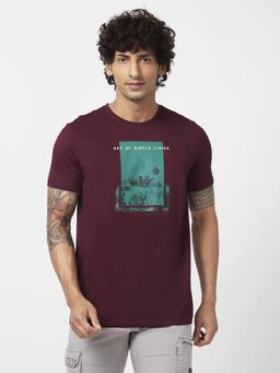 Spykar - Men Wine Blended Slim Fit Half Sleeve Round Neck Printed T-shirt