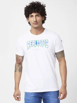 Spykar - Men White Blended Slim Fit Half Sleeve Round Neck Casual Printed T-shirt