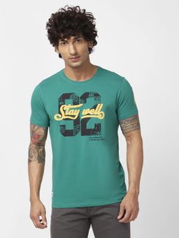 Spykar - Men Dark Green Blended Slim Fit Half Sleeve Round Neck Printed T-shirt