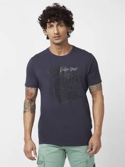 Spykar - Men Navy Blue Blended Slim Fit Half Sleeve Round Neck Printed T-shirt