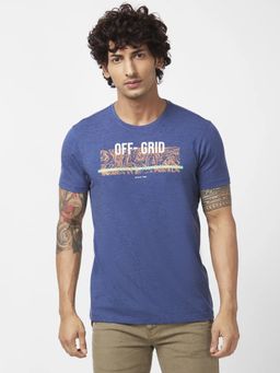 Spykar - Men Navy Blue Melange Slim Fit Half Sleeve Round Neck Printed T-shirt