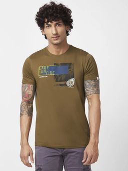 Spykar - Men Military Green Blended Slim Fit Half Sleeve Round Neck Printed T-shirt