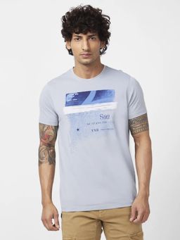 Spykar - Men Grey Blended Slim Fit Half Sleeve Round Neck Printed T-shirt