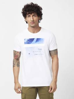 Spykar - Men White Blended Slim Fit Half Sleeve Round Neck Printed T-shirt