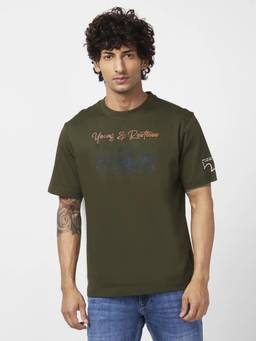 Spykar - Men Rifle Green Cotton Slim Fit Half Sleeve Round Neck Printed T-shirt