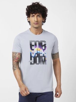 Spykar - Men Grey Blended Slim Fit Half Sleeve Round Neck Printed T-shirt
