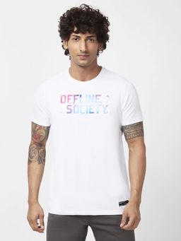 Spykar - Men White Blended Slim Fit Half Sleeve Round Neck Printed T-shirt