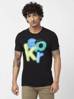 Spykar - Men Black Blended Slim Fit Half Sleeve Round Neck Printed T-shirt