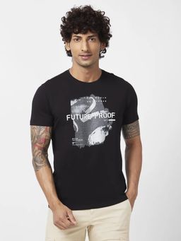 Spykar - Men Black Blended Slim Fit Half Sleeve Round Neck Printed T-shirt
