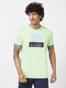 Spykar - Men Mint Green Blended Slim Fit Half Sleeve Round Neck Printed T-shirt