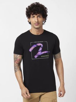 Spykar - Men Black Blended Slim Fit Half Sleeve Round Neck Printed T-shirt