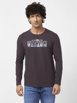 Spykar - Men Slate Grey Blended Slim Fit Full Sleeve Round Neck Printed T-shirt