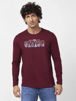 Spykar - Men Maroon Blended Slim Fit Full Sleeve Round Neck Printed T-shirt