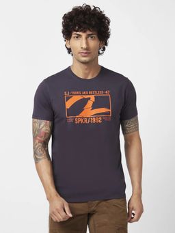 Spykar - Men Navy Blue Blended Slim Fit Half Sleeve Round Neck Printed T-shirt