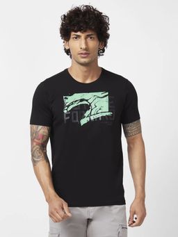 Spykar - Men Black Blended Slim Fit Half Sleeve Round Neck Printed T-shirt