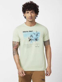 Spykar - Men Pista Green Blended Slim Fit Half Sleeve Round Neck Printed T-shirt
