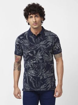 Spykar - Men Navy Blue Cotton Slim Fit Half Sleeve Collar Neck Printed Polo T-shirt