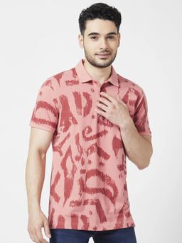 Spykar - Men Dusty Pink Cotton Slim Fit Half Sleeve Collar Neck Printed Polo T-shirt