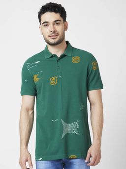 Spykar - Men Dark Green Cotton Slim Fit Half Sleeve Collar Neck Printed Polo T-shirt