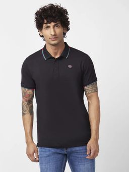 Spykar - Men Black Blended Slim Fit Half Sleeve Collar Neck Plain Polo T-shirt
