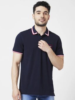 Spykar - Men Navy Blue Cotton Slim Fit Half Sleeve Collar Neck Plain Polo T-shirt