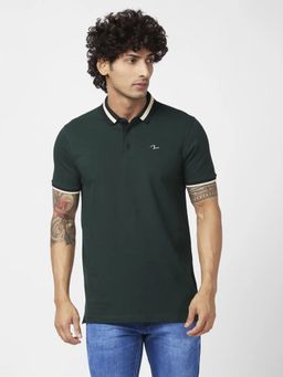 Spykar - Men Bottle Green Slim Fit Half Sleeve Collar Neck Plain Polo T-shirt
