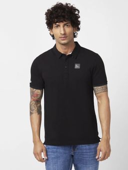 Spykar - Men Black Blended Slim Fit Half Sleeve Collar Neck Plain Polo T-shirt