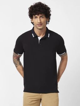 Spykar - Men Black Blended Slim Fit Half Sleeve Collar Neck Plain Polo T-shirt