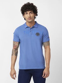 Spykar - Men Haze Blue Cotton Slim Fit Half Sleeve Collar Neck Plain Polo T-shirt