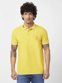 Spykar - Men Sulphur Yellow Blended Slim Fit Half Sleeve Collar Neck Plain Polo T-shirt