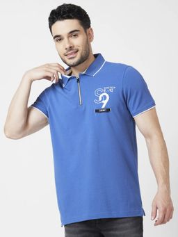 Spykar - Men Haze Blue Cotton Slim Fit Half Sleeve Collar Neck Plain Polo T-shirt