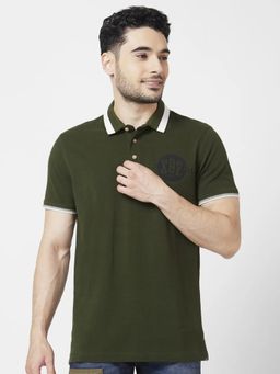 Spykar - Men Rifle Olive Cotton Slim Fit Half Sleeve Collar Neck Plain Polo T-shirt