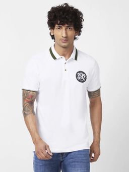 Spykar - Men White Cotton Slim Fit Half Sleeve Collar Neck Plain Polo T-shirt