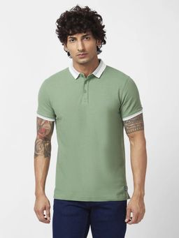 Spykar - Men Sage Green Blended Slim Fit Half Sleeve Collar Neck Plain Polo T-shirt