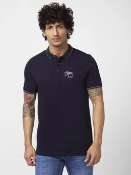 Spykar - Men Navy Blue Blended Slim Fit Half Sleeve Collar Neck Plain Polo T-shirt